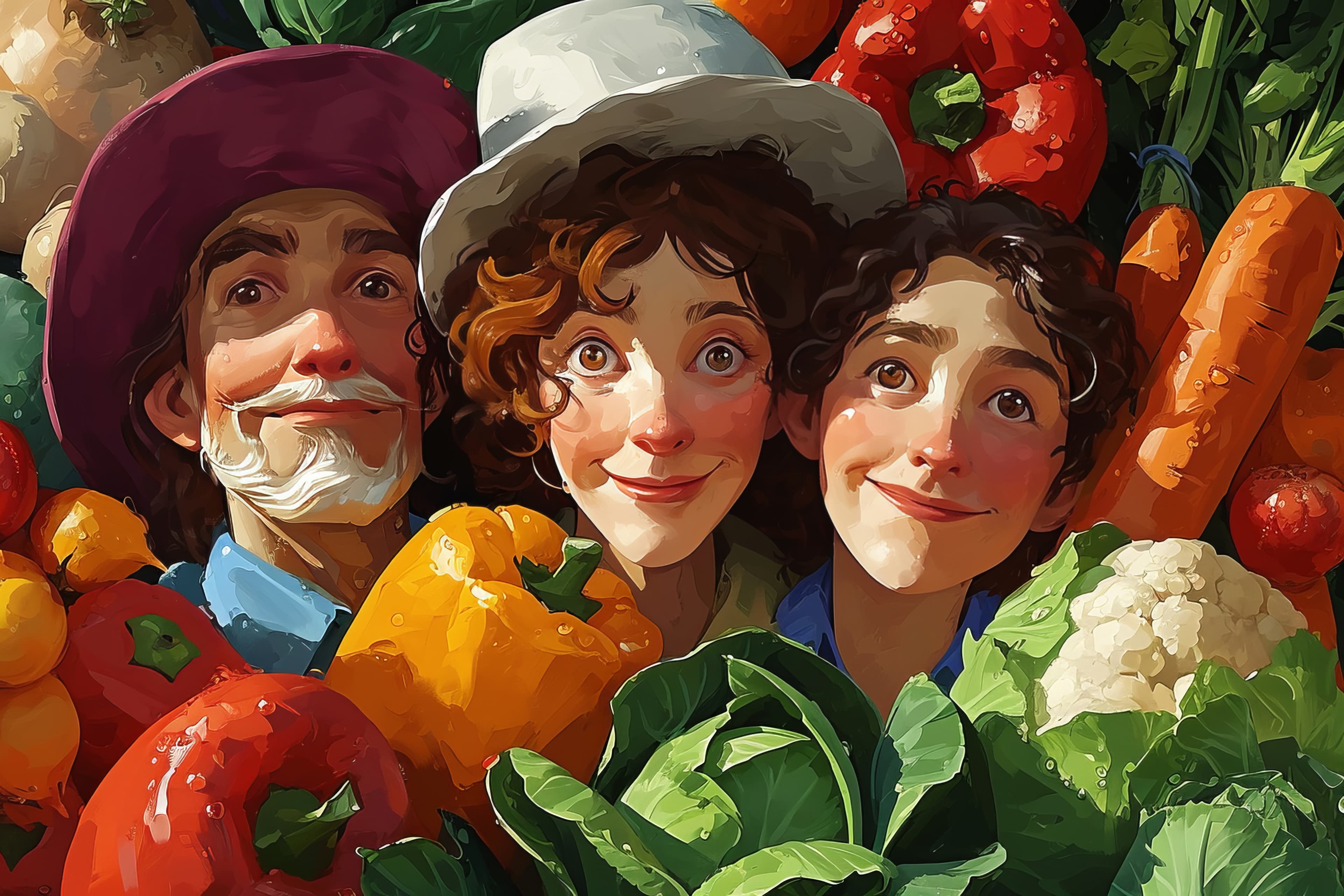 Organic farming community members with fresh produce