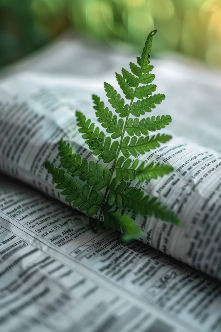 Fresh green fern growing through newspaper