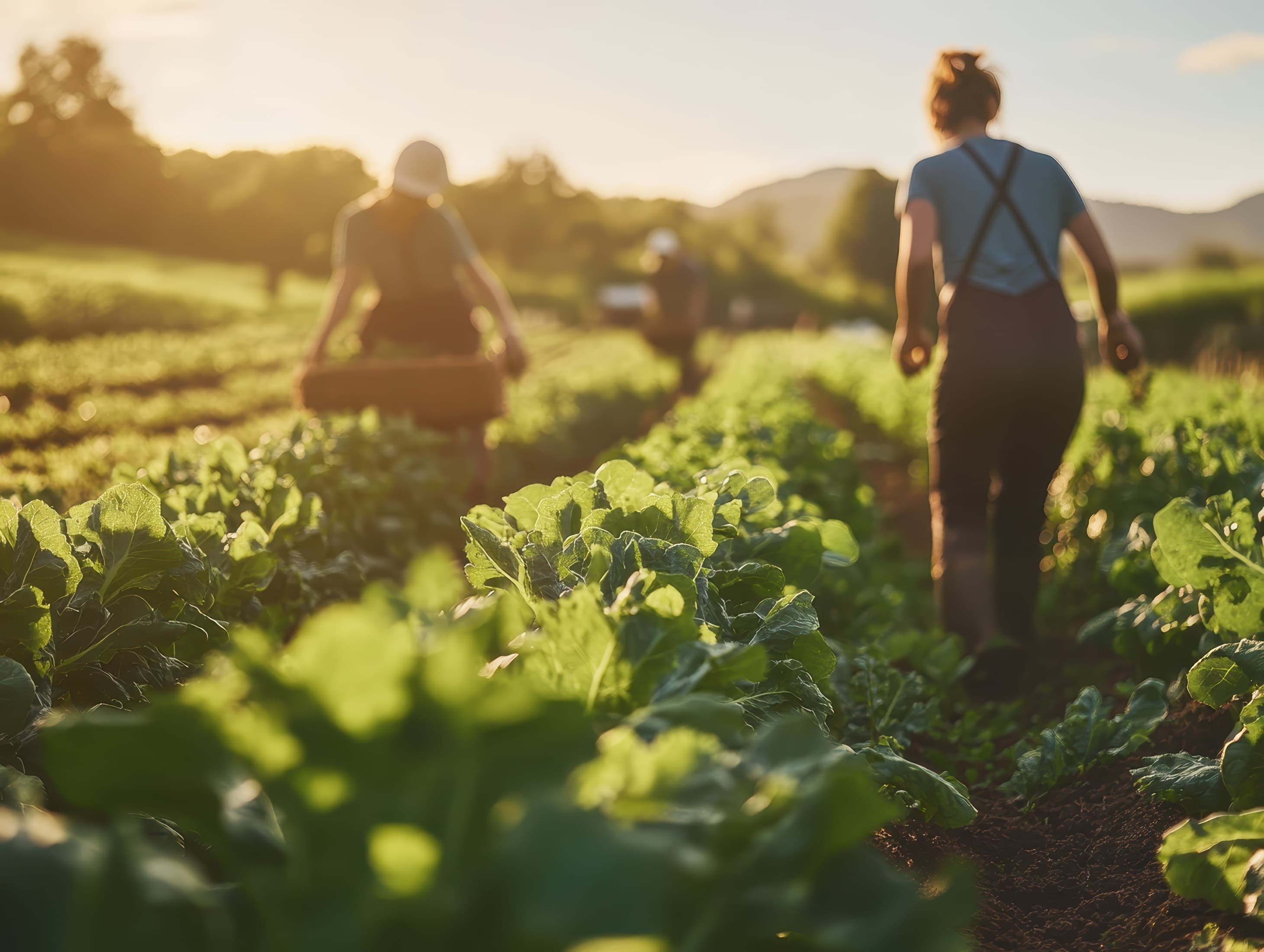 Farmers working in an organic field at golden hour